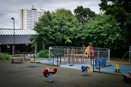 Fenced-off equipment at Elswick Park playground, Newcastle upon Tyne.