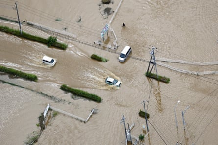 An aerial view of flooded areas after heavy rain in Chiba.