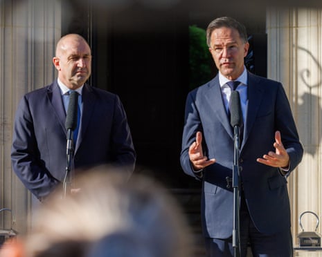 Nato secretary general Mark Rutte receives the prime minister of Bulgaria, Rumen Radev, at his official residence in Brussels, Belgium.
