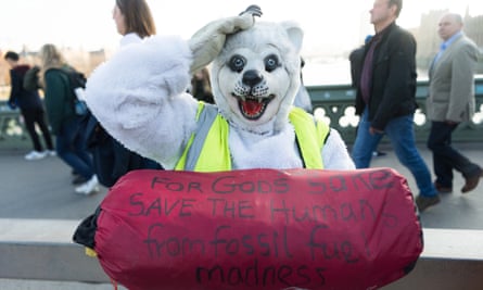 A demonstrator dressed as a polar bear protests at Westminster Bridge on 17 November