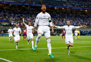 Ramos celebrates after now scoring in two finals.