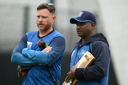 Ian Bell and Sanath Jayasuriya during a nets session at Old Trafford in 2024