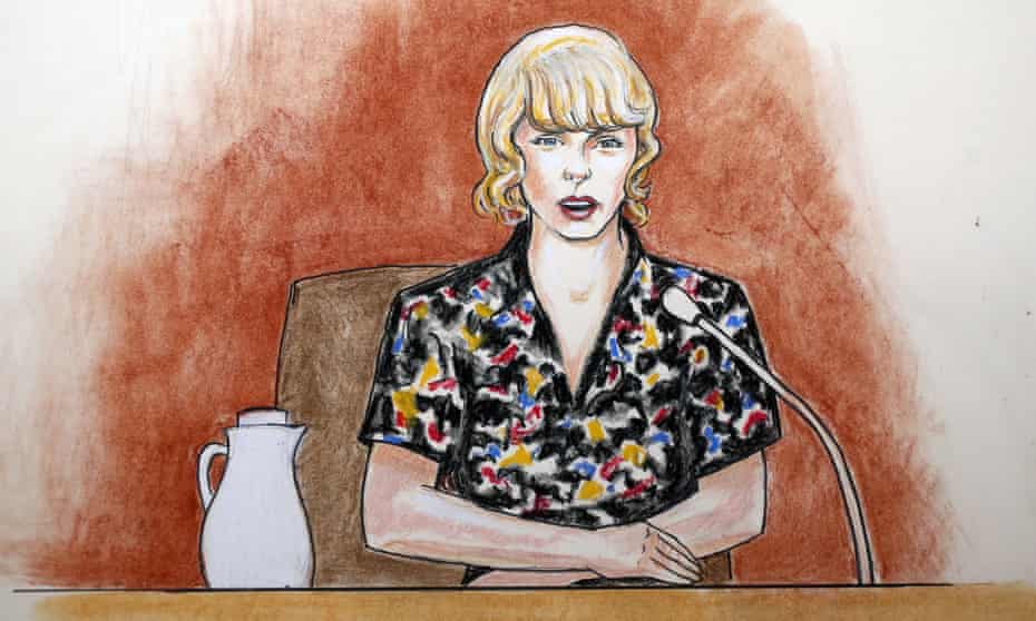 Quick draw: a courtroom sketch of Taylor Swift on the witness stand in Denver.