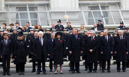Former prime ministers Rishi Sunak, Liz Truss, Boris Johnson, Theresa May, David Cameron, Gordon Brown, Tony Blair and John Major at the Cenotaph.