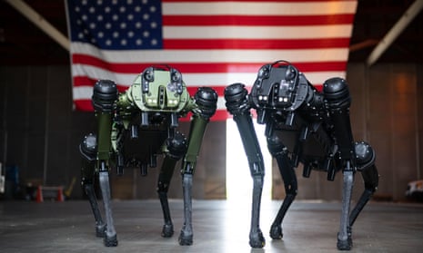 Two robotic dogs – or quadrupedal robots, as the industry calls them – manufactured by Ghost Robotics, Cape Canaveral, Florida, July 2022.