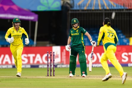 South Africa’s Nadine de Klerk is bowled by Alana King of Australia