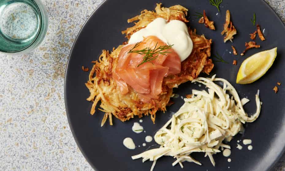 Photograph of Thomasina Miers’ celeriac röstis with smoked salmon and apple and horseradish remoulade