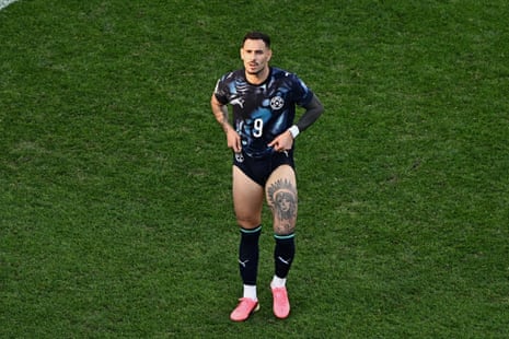 Paraguay's forward Antonio Sanabria reacts after missing a penalty.