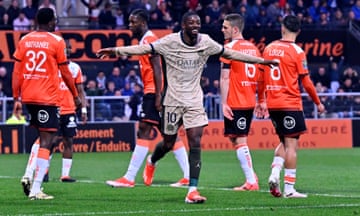 Ousmane Dembélé celebrates after scoring against Lorient on Wednesday