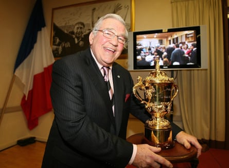 The late Syd Millar at the end of his tenure as president of the International Rugby Board shows off the Webb Ellis Cup at Ballymena RFC in 2007.