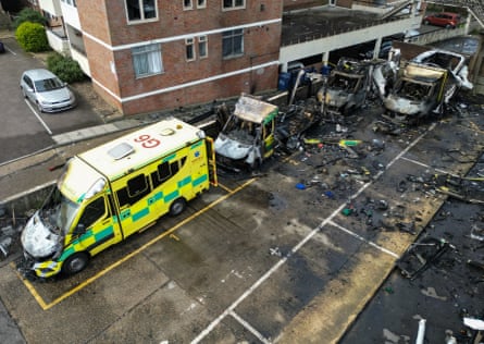 Aerial view of destroyed ambulances