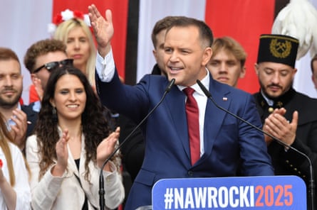 Karol Nawrocki addresses his supporters in Warsaw.