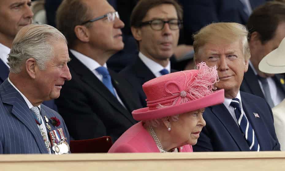 The Queen sits between President Trump and Prince Charles as they attend an event to mark the 75th anniversary of D-Day in Portsmouth.
