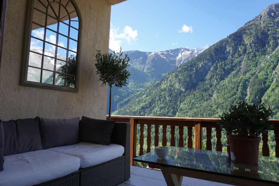 Terrace at Chalet Morville, Les Deux Alpes, France with mountain views