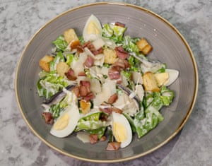 Not a classic caesar: overcooked eggs, undercooked bacon, unnecessary boquerones.