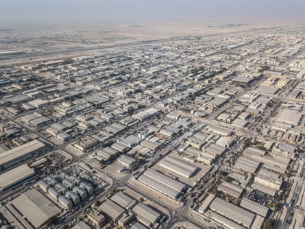 An aerial view of the Industrial Area, a vast expanse of warehouses, factories and workers’ accommodation about half an hour from the capital Doha.