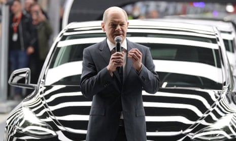The German chancellor, Olaf Scholz, speaking at the opening day of the Tesla 'gigafactory' in Gruenheide near Berlin in March