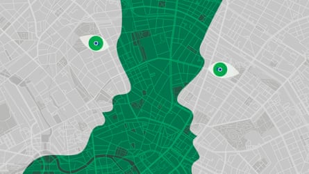 Illustration of grid map of urban area with two eye logos