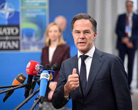 Nato secretary general Mark Rutte speaks at the doorstep of the Nato Foreign Ministers' meeting at Sea U in Helsingborg, Sweden.