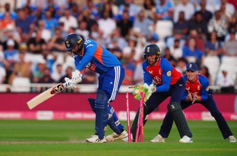 India’s Varun Chakravarthy is bowled by Adil Rashid to seal victory for England.