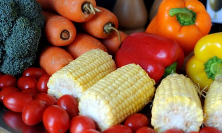 A pile of corncobs, peppers, carrots, tomatoes, etc.