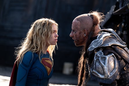 Milly Alcock as Supergirl, left, and Matthias Schoenaerts as Krem