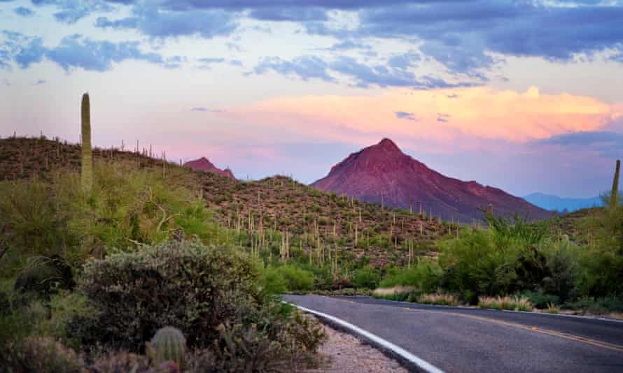 Tucson Arizona, desert highway sunset.