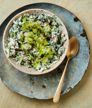 Yotam Ottolenghi’s spinach borani with celery and walnuts.