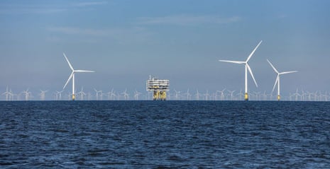 Copyright Paul-Langrock.de. Offshore Windfarm Burbo Bank Extension, 32 Vestas wind turbines V164 each producing 8 Megawatt, alltogether 256 MW operated by Orsted. 3 Turbines with substation BBW02 Z01, behind Offshore Windfarm Gwynt Y Mor. Burbo Flats, Liverpool Bay, Irish Sea, United Kingdom, Great Britain. 3rd of July 2018