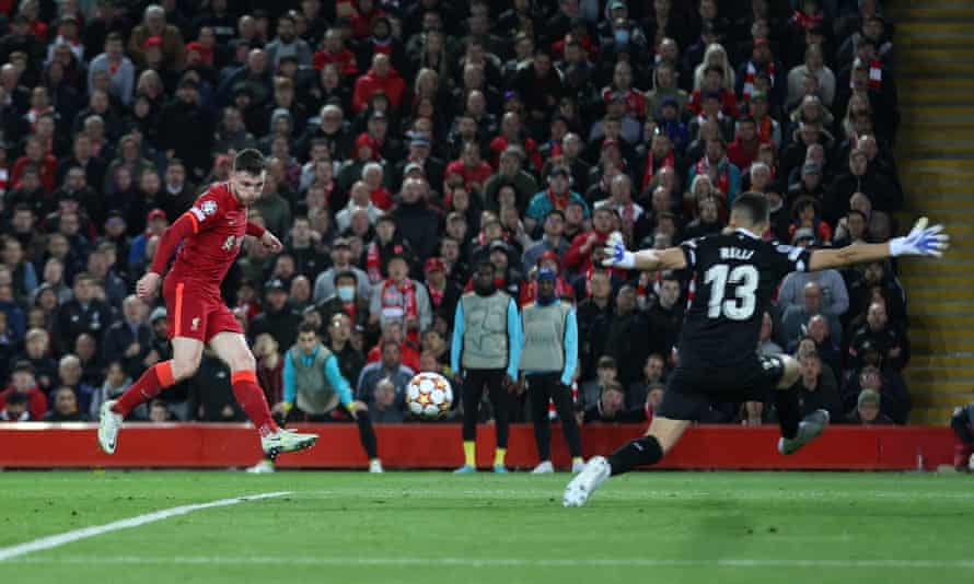 Liverpool’s Andrew Robertson scores a goal that was disallowed.
