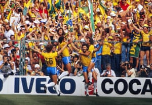 Brazil’s Sócrates (with beard) celebrates his goal with Zico and Falcão (No 15) that made the score 1-1.
