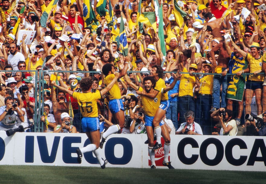 Brazil’s Sócrates celebrates with Zico and Falcão after making the score 1-1