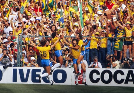 Socrates celebrates after scoring for Brazil against Italy in the World Cup in 1982.