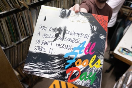 Handwritten notes are often left on the record covers in the 4ZZZ record library.