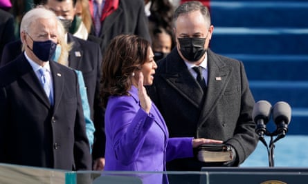 Kamala Harris is sworn in as vice-president by the supreme court justice Sonia Sotomayor.