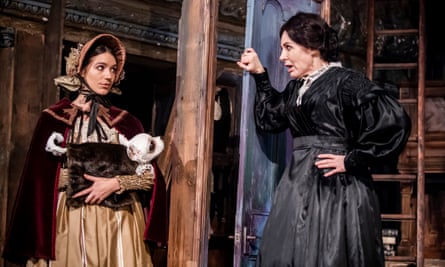 Sally Dexter, right, as Scrooge with Ruth Ollman in Christmas Carol – A Fairy Tale by Piers Torday at Wilton’s Music Hall, London, in 2019.