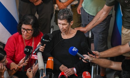 Yocheved Lifshitz speaks to the media at Ichilov hospital in Tel Aviv, Israel, after she was released by Hamas on 24 October 2023.