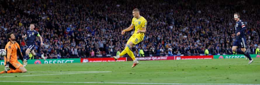 ‘A game of survival’: Ukraine prepare for final World Cup push in Wales | Ukraine 2 Artem Dovbyk scores Ukraine’s third goal to seal their victory at Hampden Park.