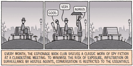 A cartoon of a spy book club where members say very little to avoid detection.