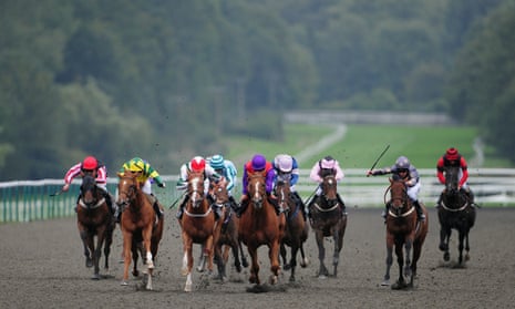 Sophie Doyle on Lang Shining (second left in yellow/green) comes through to win the Breeders’ Cup Live On At The Races Claiming Stakes at Lingfield in 2010.