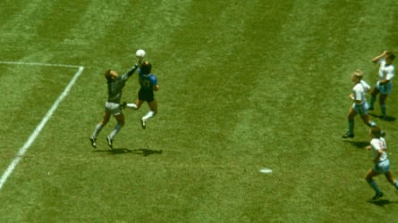 Diego Maradona outjumps England goalkeeper Peter Shilton to score with his ‘Hand of God’ goal during the 1986 World Cup quarter-final in Mexico City.