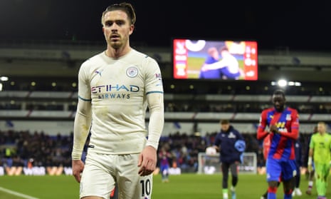Jack Grealish of Manchester City looks dejected after the Premier League match at Crystal Palace on 14 March 2022.
