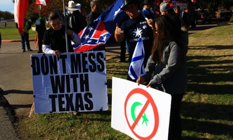 Activists demonstrate at Irving city hall backing anti-Muslim stance 05 Dec 2015, Irving, Texas, USA Image by © Richard Michael Knittle Sr./Demotix/Corbis