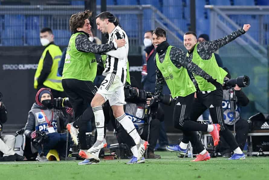 Mattia De Sciglio of Juventus celebrates after scoring the fourth goal against Roma.