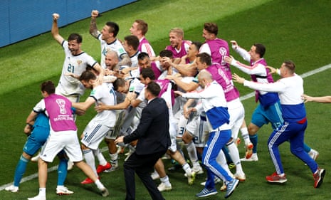 Russia celebrate winning the penalty shootout.