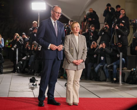 German chancellor Friedrich Merz welcomes Italian Prime Minister Giorgia Meloni at the Federal Chancellery in Berlin, Germany.