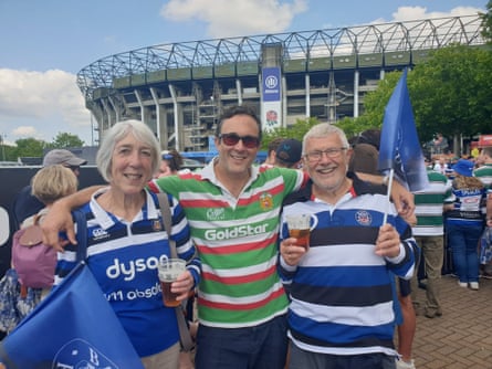 Mike Elliott (right), with his wife and son outside Twickenham, before the Premiership Rugby final between Bath and Leicester