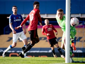 Marcus Rashford of Manchester United attempts a header from Bruno Fernandes’ cross and the ball ends up in the net.