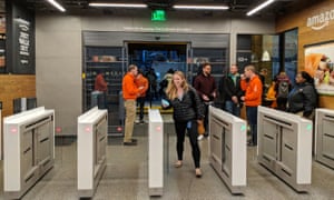 Shoppers present the Amazon Go app at the front of the store and begin shopping.