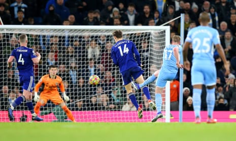 Kevin De Bruyne of Manchester City scores their side’s fifth goal past Illan Meslier of Leeds United.